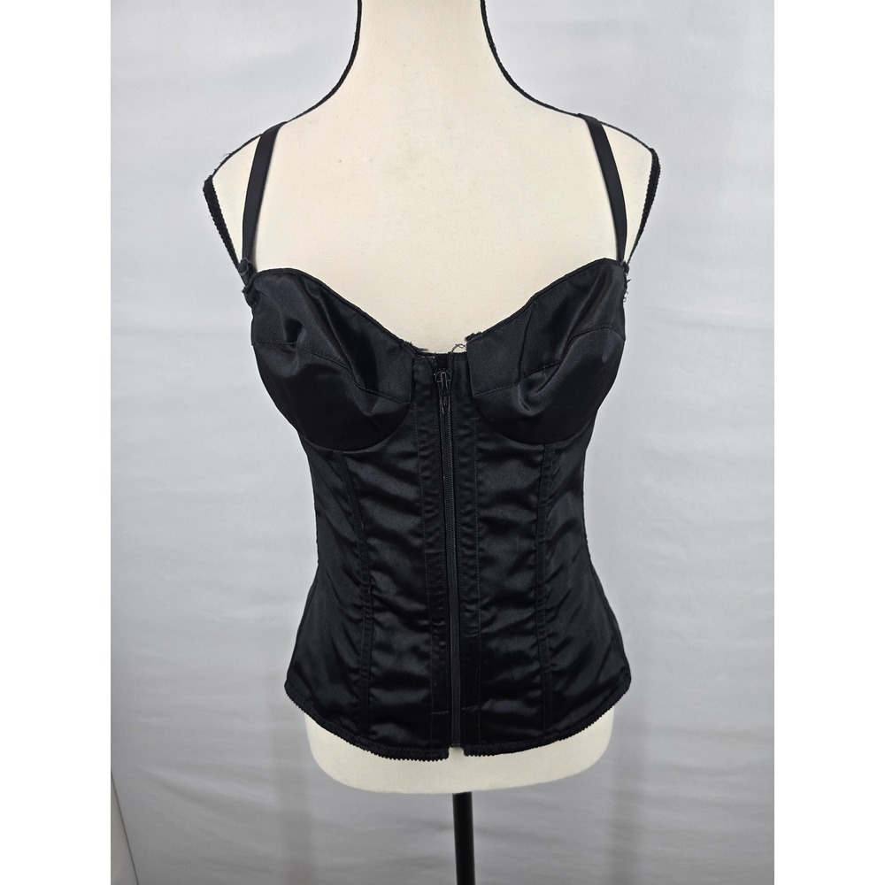 Vintage Black Satin Lace Up Back Corset Top 36B Style 50407 Zipper Front Bustier